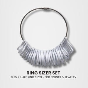 May include: A ring sizer set with white plastic ring sizers attached to a silver-colored wire loop. The text "RING SIZER SET" is displayed below the ring sizers, along with additional text indicating the ring sizes and intended use for splints and jewelry.