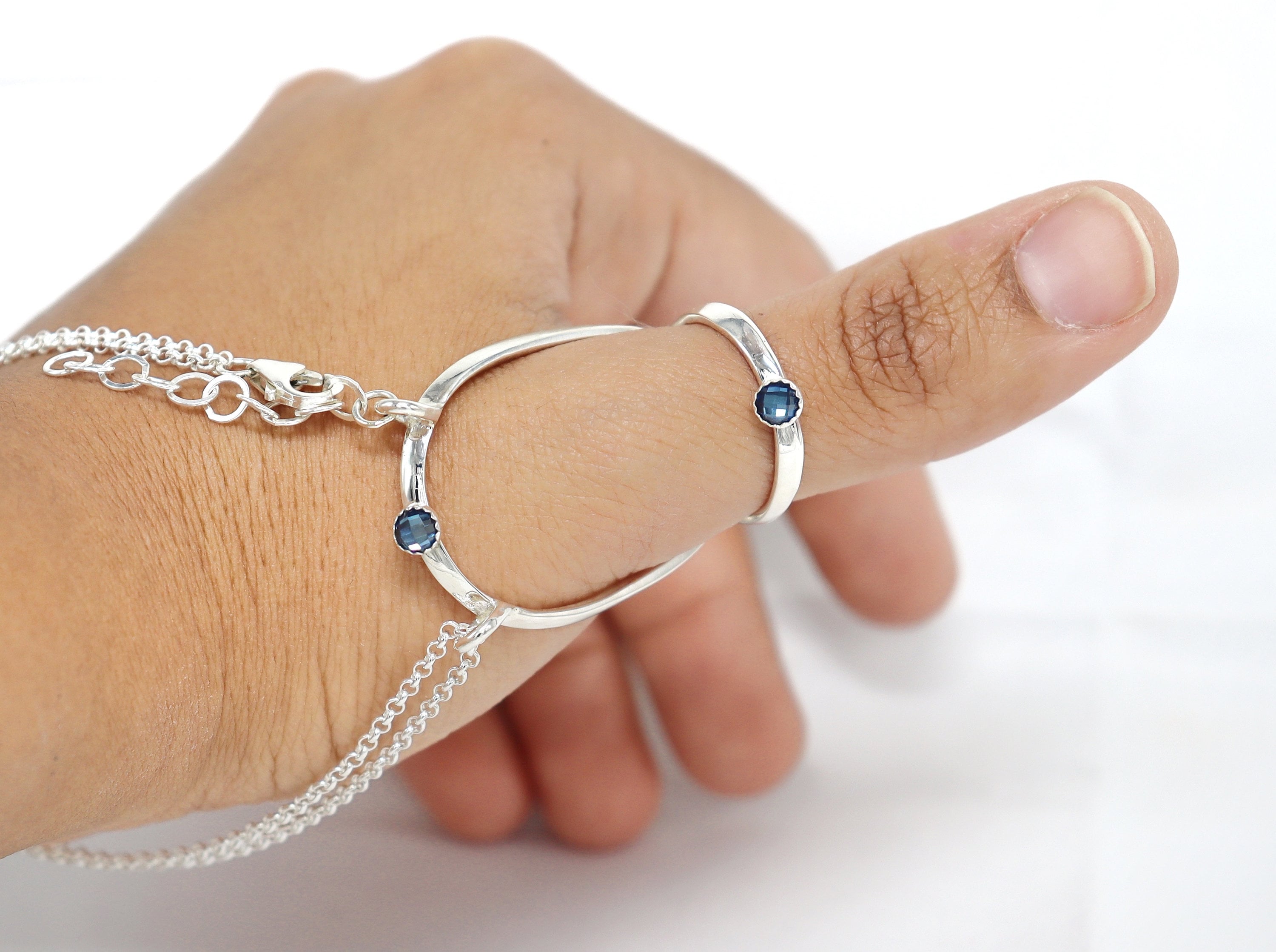 Sterling Silver Thumb Splint Ring with Bracelet & Blue CZ