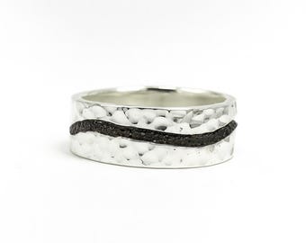Anillo de plata de ley oxidada y martillada - Banda de 8 mm - Alianza de boda para hombre