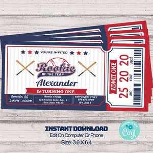 Baseball Birthday, Baseball ticket invitation, Baseball Baby Shower, Rookie of the Year, Phone Invite, All Star, Baseball Party Decorations