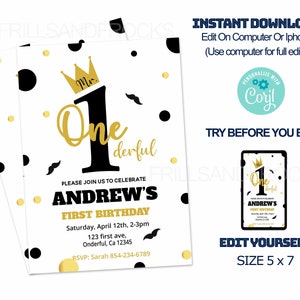 Mr. Onederful Birthday Invite, Editable Invitation, 5&quot; x 7&quot; Mr. Onederful Birthday Party Invitation, Digital Invitation, Thank You Card