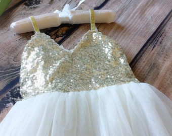 Gold Flower Girl Dress, Short gold sequin dress, Ivory tulle flower girl dress, Birthday girl dress, Party girl dress.