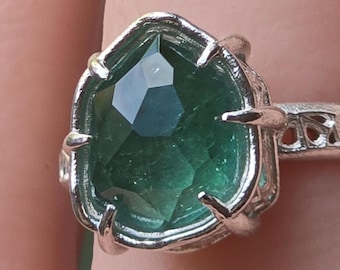 Hand Cut Green Tourmaline Statement Ring in Sterling Silver one-of-a-kind