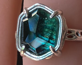 Blue Green Tourmaline Ring in Sterling Silver, Hand Cut One of a Kind Ring