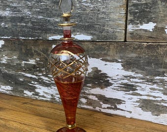 Vintage Egyptian Hand Blown Glass Perfume Bottle - Red & Gold Trim