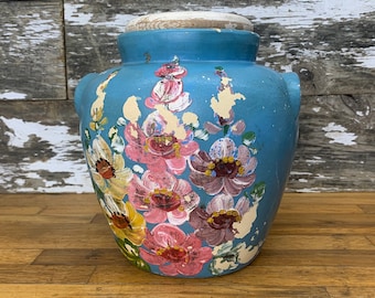 Antique 1930s Ransburg Hand Painted Blue Floral Canister with Wood Lid