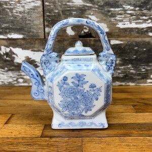 Vintage Octogan Blue and White Floral Chinese Teapot for One - Hand Painted Blue & White Flower Design