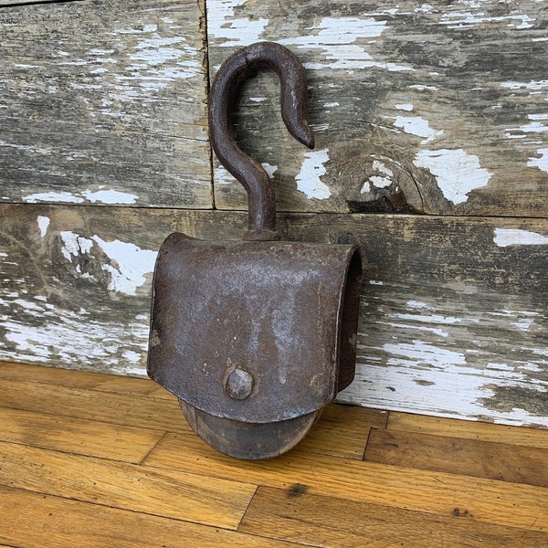 Antique Rustic Barn Pulley - Rotating Forged Iron Hook - Solid Wood Pulley - Decorative Farmhouse Pulley