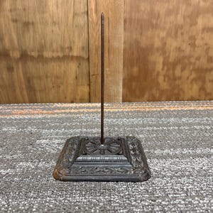 Antique Extra Large Square Ornate Cast Iron Receipt Ticket Spike - 5”x5” Base - Table Top Mounted Recepit Spike
