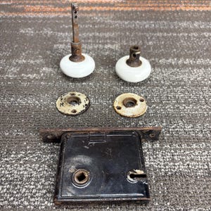 Antique White Porcelain Doorknob Pair, Door Lock, and Round Plates - Salvaged - Restoration Hardware