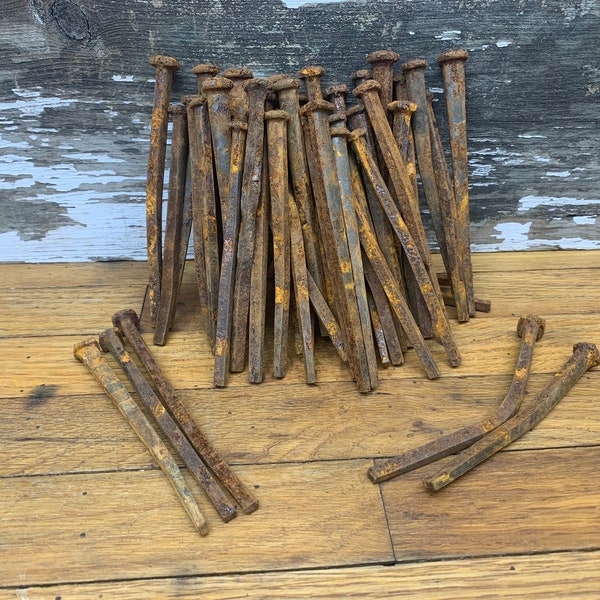 50 Large Antique Square Nails  - 4” to 5” Long - Salvaged, Rusty, Easy to Straighten - Coffin Nails - Barn Nails - Framing Nails