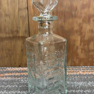 1970s Four Sided Glass License Plate Alcohol Decanter Bottle - Empty Walkers Deluxe Bourbon Bottle with Corked Glass Topper