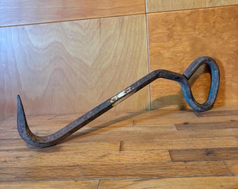 Antique Heavy Duty Iron Hex Bar Hay Hook Homemade Farm Tool