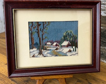 Vintage Winter Cabins Along a Frozen River Scene - Framed Cross Stitch Embroidery