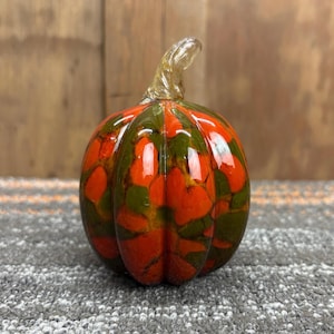 Vintage Blown Glass Pumpkin: Orange & Green Swirl, Twisted Stem