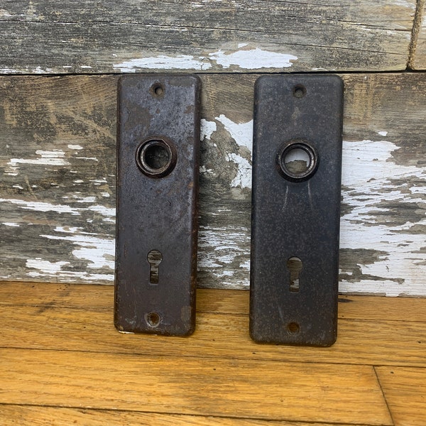 Antique Metal Door Knob Back Plates - Matching Pair - 5 7/8" x 2 7/8" - Keyhole Escutcheon - Early 1900s - Antique Salvaged Door Hardware