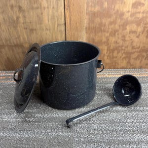 Vintage Black Speckled Enamelware Camping Pot with Lid and Ladle
