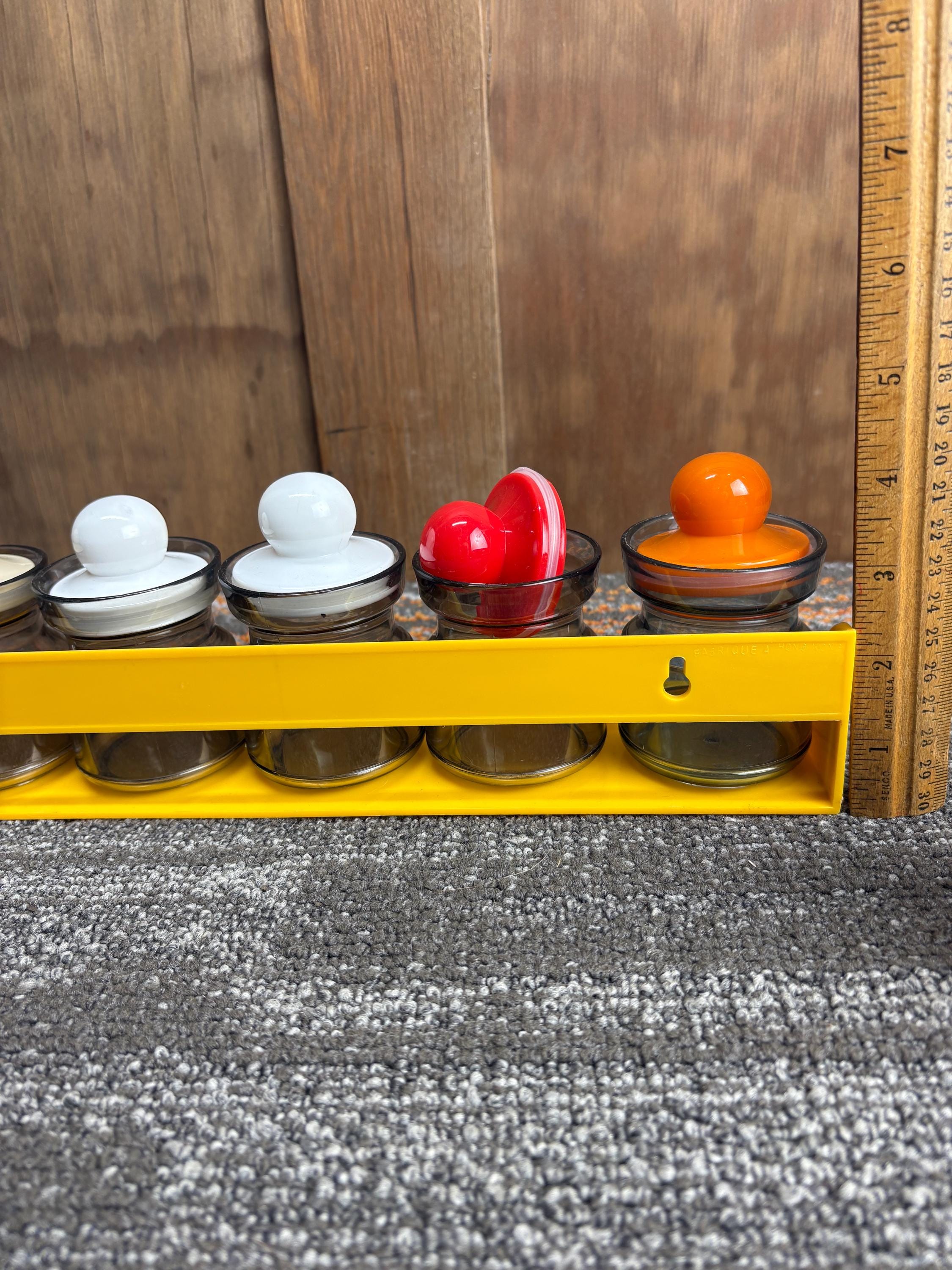 Vintage Six Jar Yellow Plastic Spice Rack - Seven Jars With