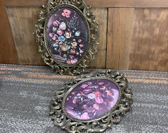 Antique Floral Artwork in Ornate Cast Metal Frames with Oval Convex Bubble Glass