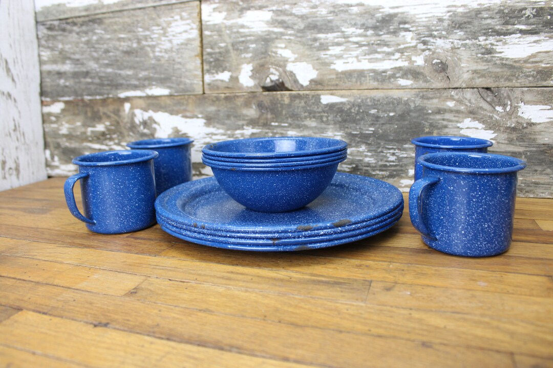 Vintage Blue Speckled Enamelware Four Person Camp Set Bowls, Plates