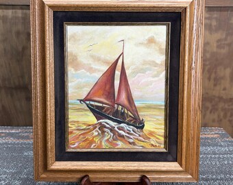 Vintage Sail Boat Coastal Seaside Sunset Painting - Signed and Dated - Professionally Framed