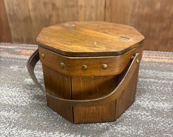 Vintage Octagon Wood Box with Hinged Lid and Curved Handle