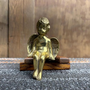 Vintage Sitting Brass Cherub - Small Winged Angel Figurine