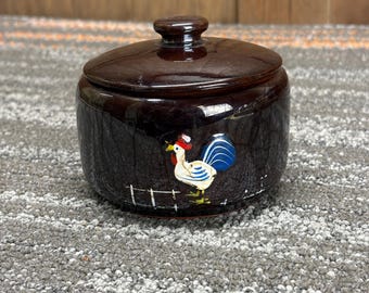 Antique Hand Painted Rooster Ceramic Lidded Jar