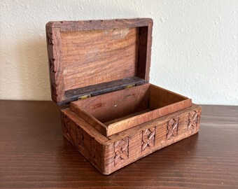 Vintage Carved Wood Hinged Trinket Box