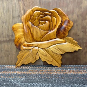 Vintage Wooden Rose Wall Hanging: Handcrafted Cedar & Elm Jigsaw Art