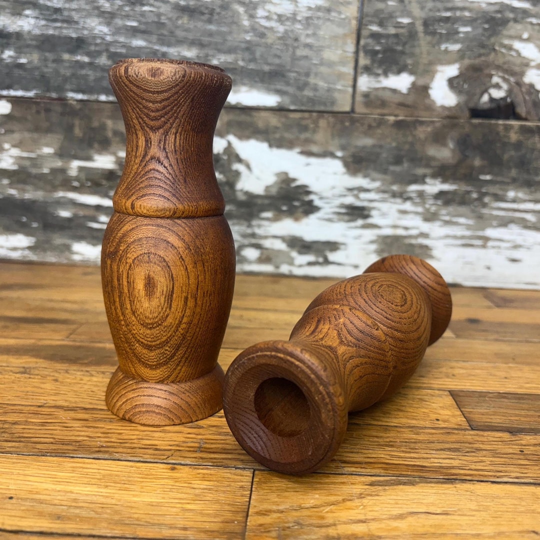 Pair of Vintage Wood Candlestick Holders - Spindle Wood Pillar Candle ...