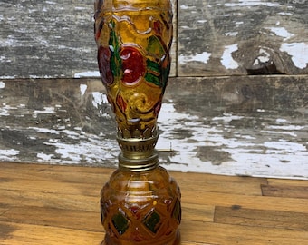 Vintage Hand Painted Amber Glass Oil Lamp - Sailboat Brand