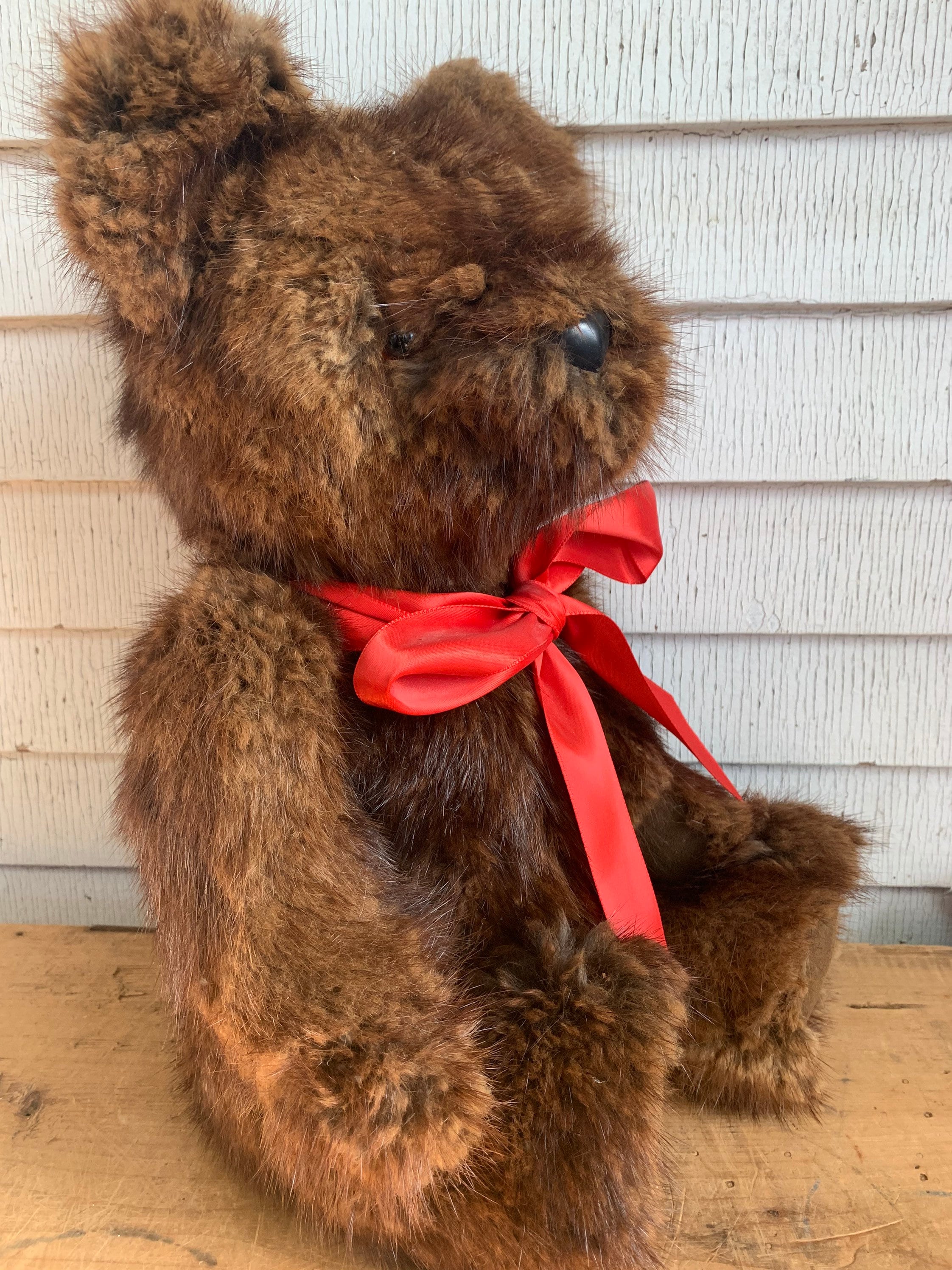 Vintage Articulating Teddy Bear Handmade Mink Fur Christmas