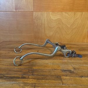 May include: A metallic horse bit featuring curved shanks, a central mouthpiece, and small circular rings at the ends. The device includes a short segment of dark brown leather strap attached to one side with a small metal buckle and hardware.