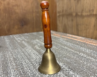 Vintage Brass School Bell: Dark Wood Handle, Crisp Ring