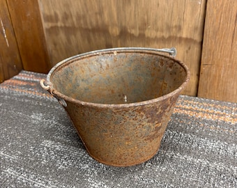 Antique Metal Slant Side Nail Pail Rusty Bucket With Thick Wire Handle