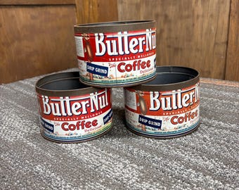Juego de 3 latas de café molido de goteo Butter-Nut vintage de 1 libra.