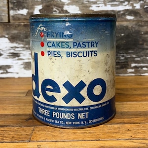 Vintage Dexo Shortening Tin 3lb Empty Can by The Great Atlantic and Pacific Tea Co. - Four Recipes on the Side
