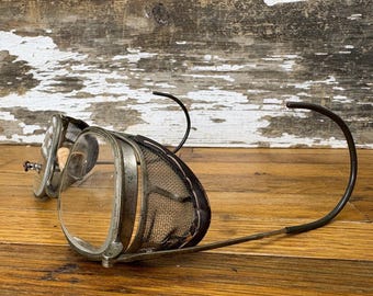 Antique Early 1900s Safetly Glasses - Leather and Screen Folding Side Covers