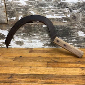 Antique Metal Sickle - Weathered Wood Handle - Rustic Blade