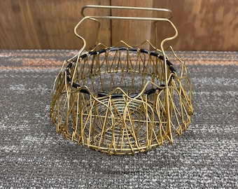 Antique Wire Folding French Egg Basket with Handles - Brass Finish - Farmhouse Kitchen, Cottage Decoration
