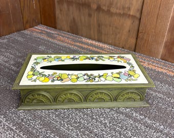 Avocado Green Plastic Tissue Cover with Floral and Faux Carved Wood Design