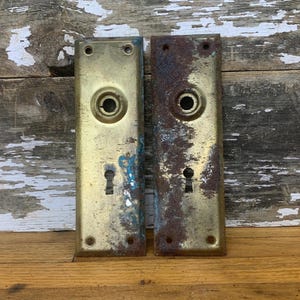 Antique Brass Doorknob Back Plates -  Heavy Patina Brass Finish - Salvaged - Skeleton Keyhole - Pressed Metal - 7&quot; x 2.25&quot;