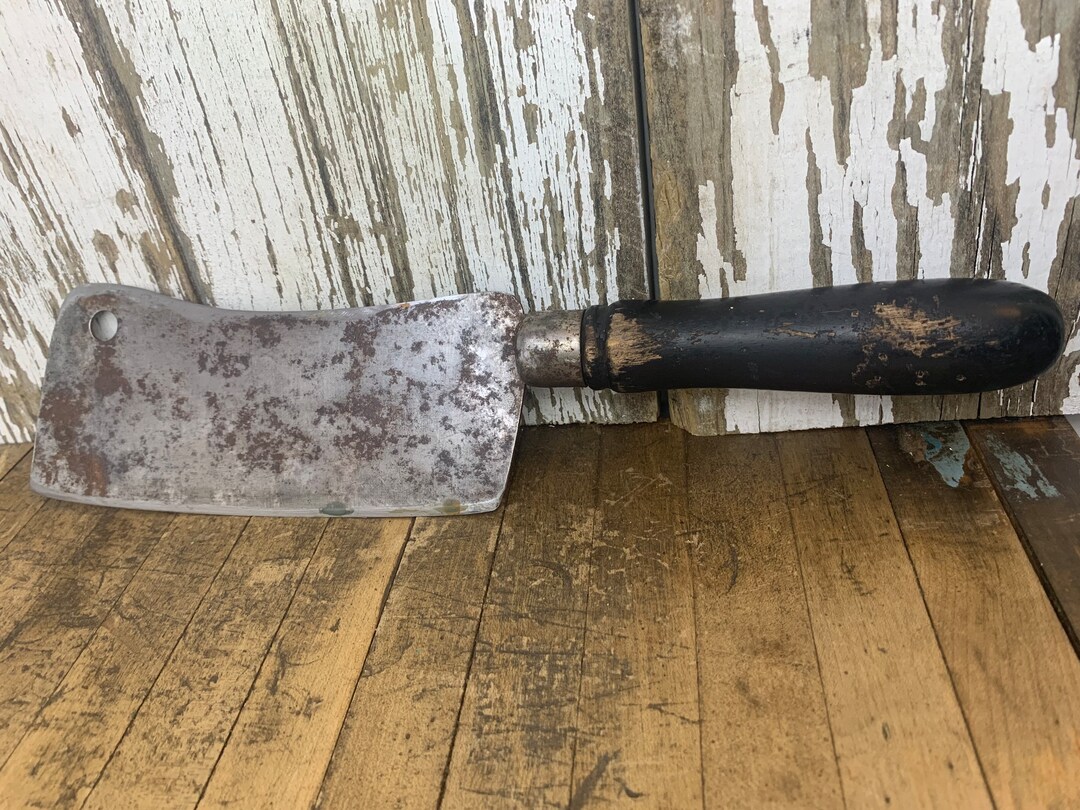 Vintage Meat Cleaver Round Wood Handle, Worn Black Paint Antique