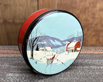 Antique Cookie Buscuit Tin - Snowy Horse Drawn Sleigh Ride Through The Country Side - Red Wood Barn