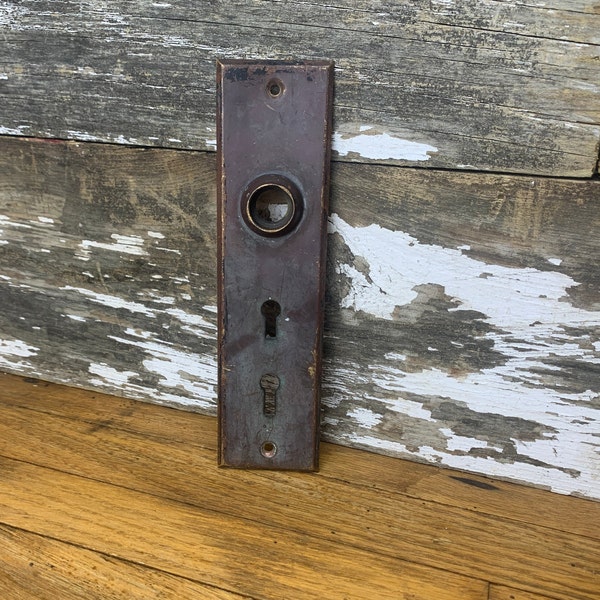 Vintage Japanned Doorknob Backplate - 7" x 1 7/8" - Tarnished and Worn - Vintage Door Hardware - Architectural Salvage