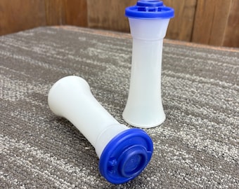 Vintage 6” Tall Tupperware Salt and Pepper Shakers Clear With Blue Lids