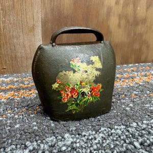 Antique Small Swiss Style Brass Cow Bell with Floral Design - Miniature Cow or Goat Bell
