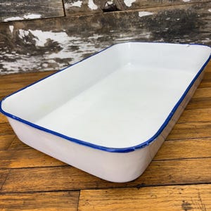 Vintage Blue and White Enamelware Baking Pan 9x15 - Rustic Kitchen Decor - Cheerful Cottage Planter