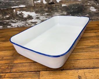 Vintage Blue and White Enamelware Baking Pan 9x15 - Rustic Kitchen Decor - Cheerful Cottage Planter